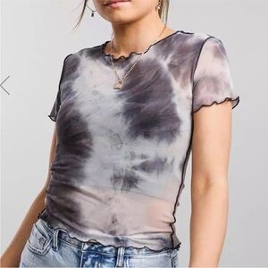 Gilded Intent Mesh Top Small Black Pink Cream Sheer Tie-Dye Ruffle Sleeves Tee